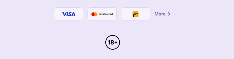 Casino footer with Visa, Mastercard, and Jeton payment icons, a “More” link, and an 18+ age restriction badge on a light grey background.