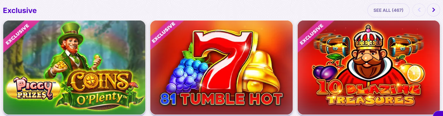 “Exclusive” casino games section displaying featured slot cards marked as exclusive, including Piggy Prizes Coins O’ Plenty, 81 Tumble Hot, and 10 Blazing Treasures.