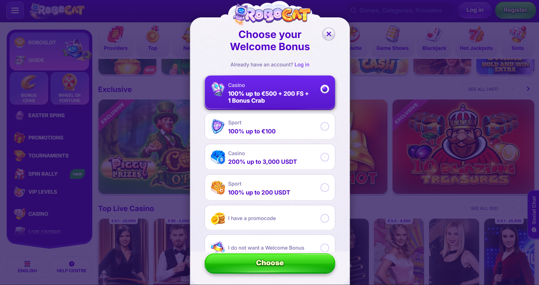 Casino welcome bonus selection popup with multiple offers, including a 100% up to €500 + 200 free spins option, crypto bonus up to 3,000 USDT, and sports bonuses, alongside a green “Choose” button.