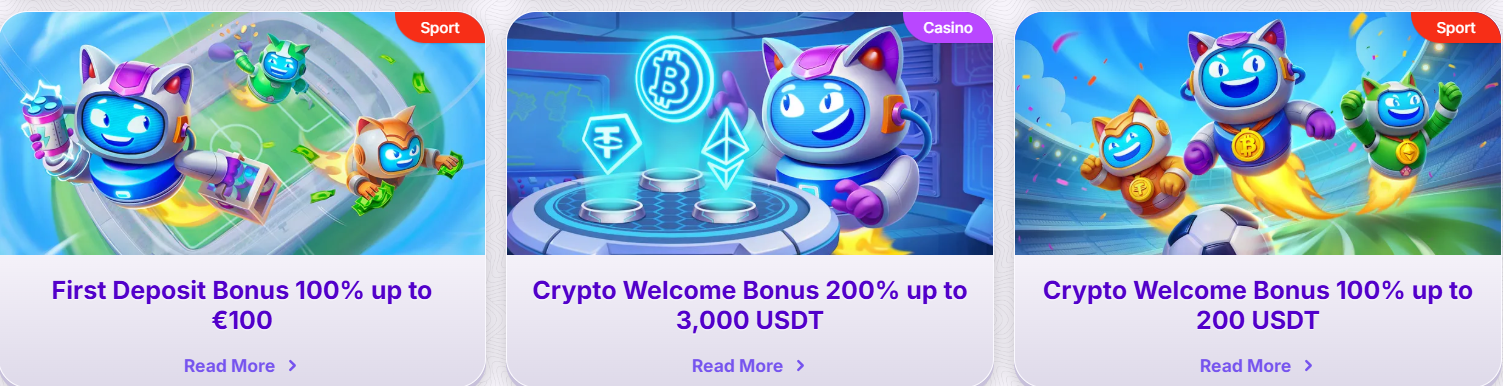 Promotion cards showing RoboCat-themed bonus offers, including a first deposit bonus of 100% up to €100, a crypto welcome bonus of 200% up to 3,000 USDT, and a crypto sports bonus of 100% up to 200 USDT.